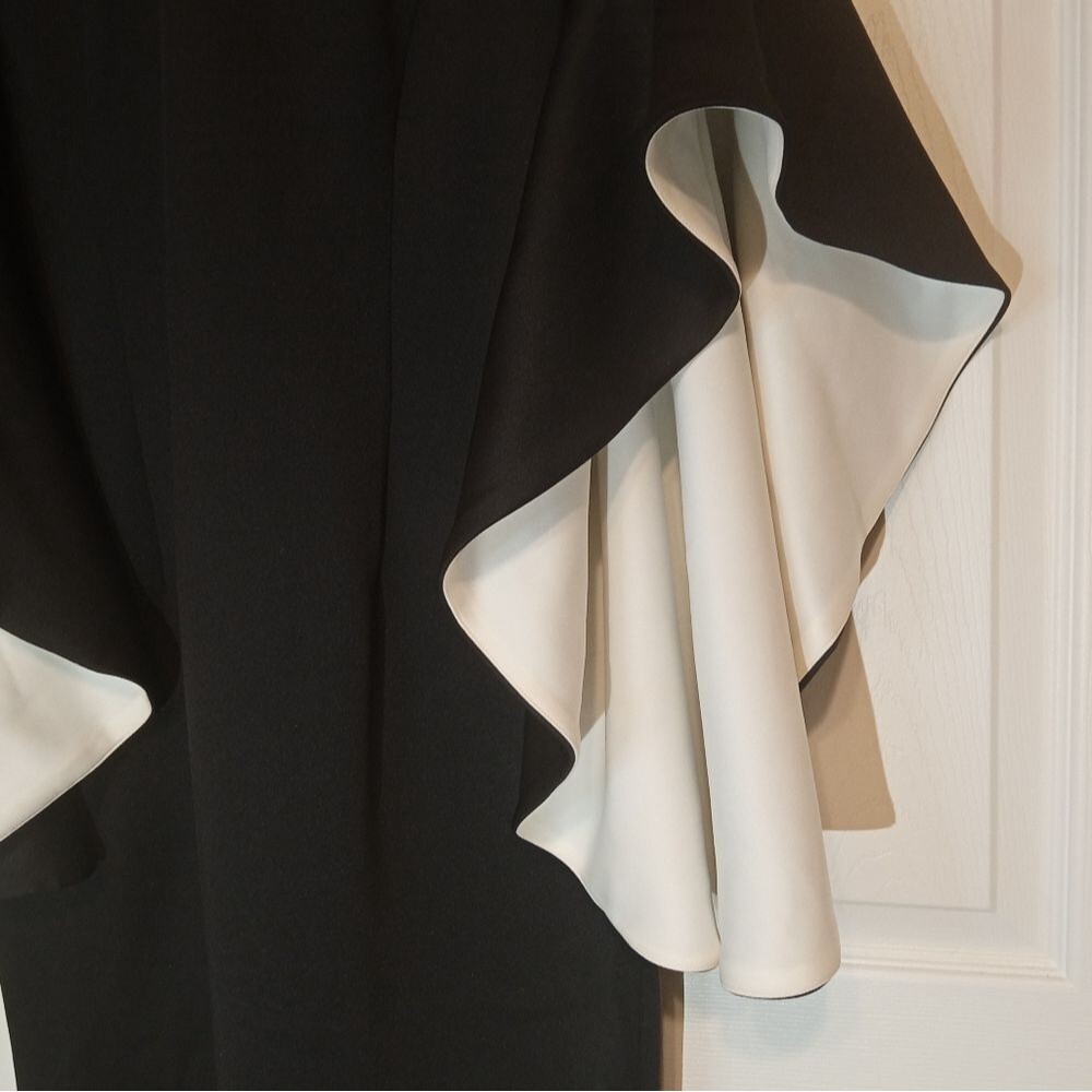 Midnight Velvet Black/ White Contrast Flare Bell Sleeve Sheath Dress Sz M - Picture 6 of 9